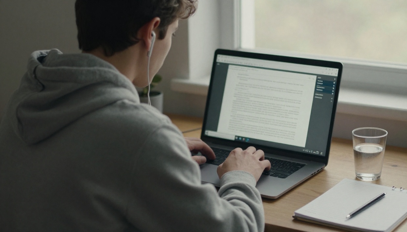 A young man in a grey hoodie typing a voiceover script on a laptop at a wooden desk in soft morning light