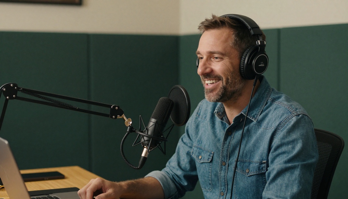A smiling podcaster in a denim shirt speaking into a microphone on a boom arm in a room with dark green acoustic panels
