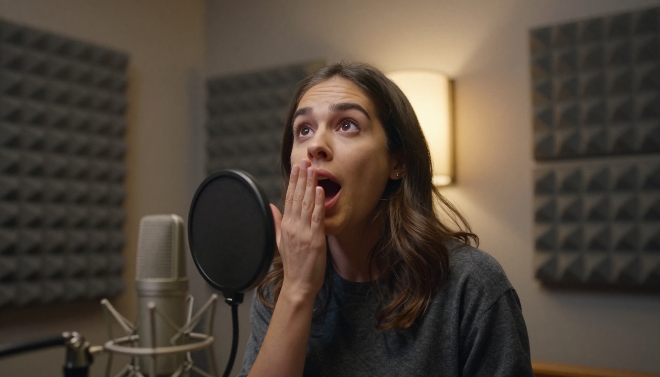 Low angle view of a voice actress mid performance in a padded vocal booth with a microphone and pop filter in the foreground