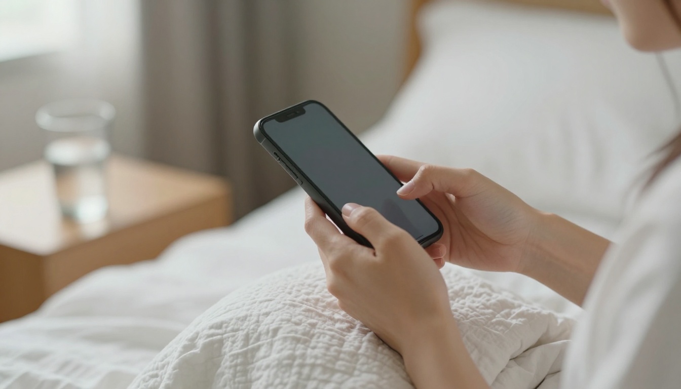 A woman's hand holding a smartphone near her mouth to record a short voice sample while sitting on a bed with white linen