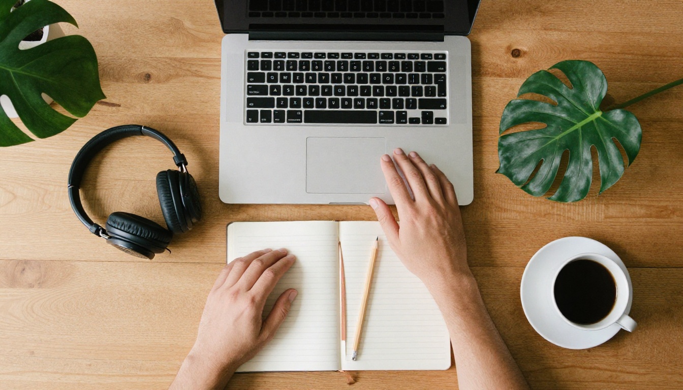 Top down view of a wooden desk with a laptop, studio headphones, a notebook, and a coffee cup, with hands on the laptop