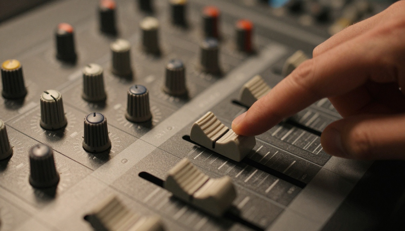 Extreme close up of a hand sliding a fader on an analog mixing console with grey knobs and white tick marks