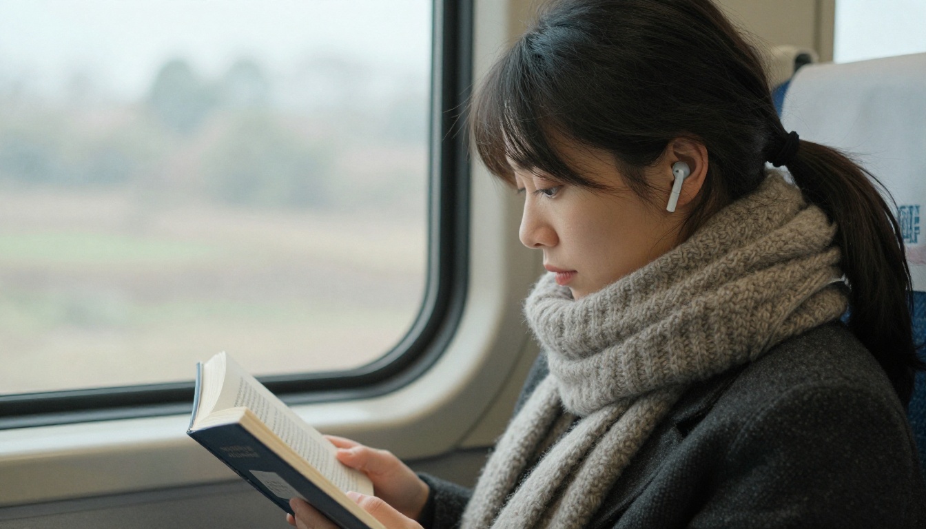 A young woman by a train window listening to an audiobook through earbuds with a paperback and a wool scarf on her lap