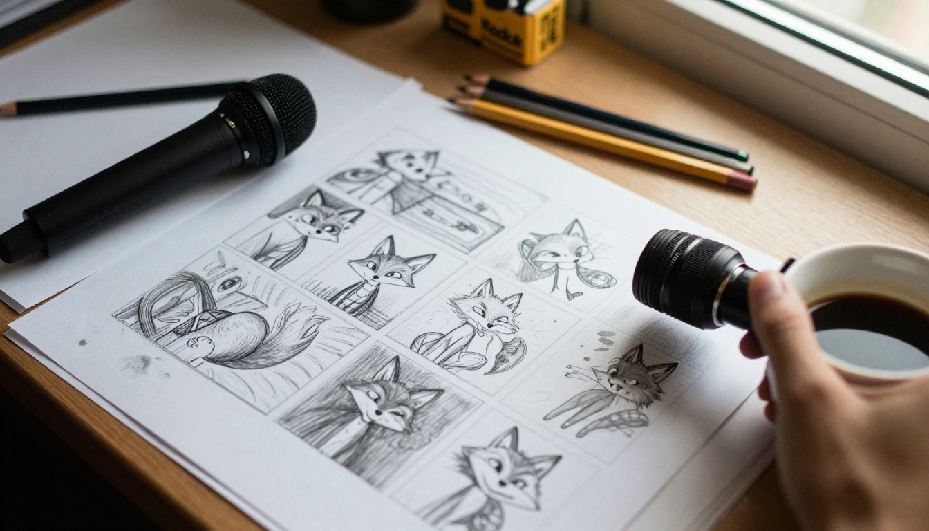 Overhead view of an illustrator's table with pencil sketches of a fox character pinned in a row and a microphone in the corner