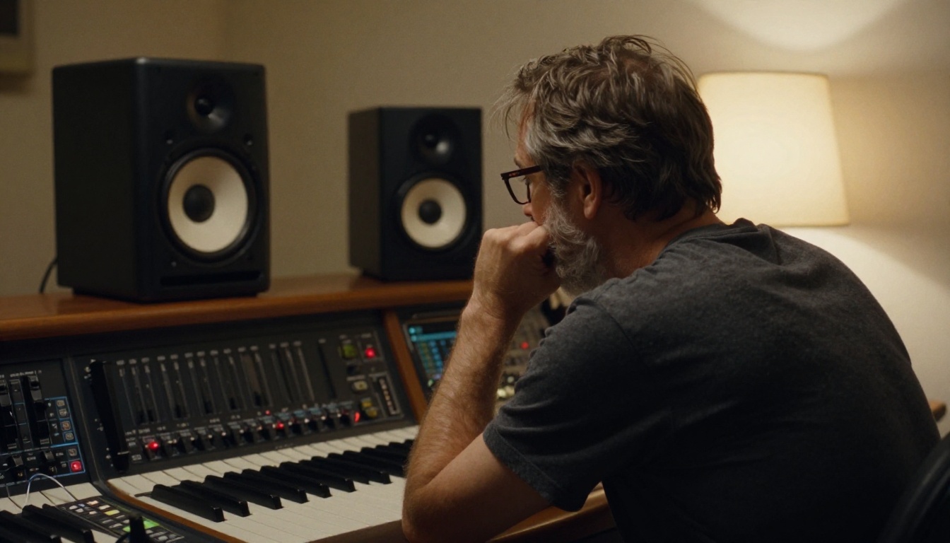 A sound engineer with a grey beard listening critically at a console between two studio monitor speakers