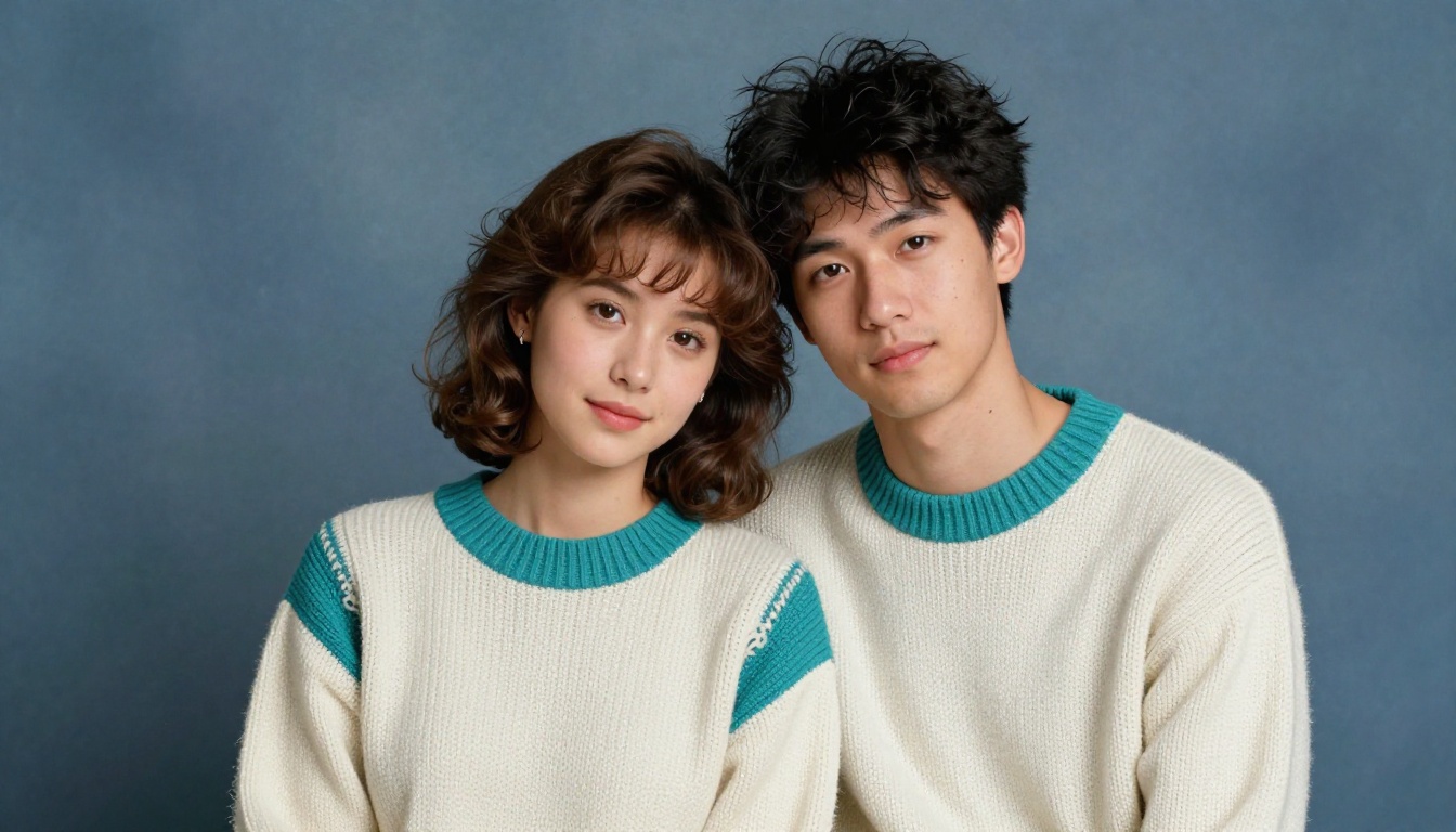 Couple in matching sweaters posing in front of a mottled blue-gray studio backdrop