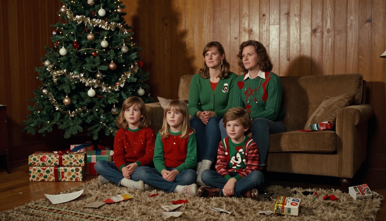 Family of four on a shag carpet in front of a decorated Christmas tree in a wood-paneled living room