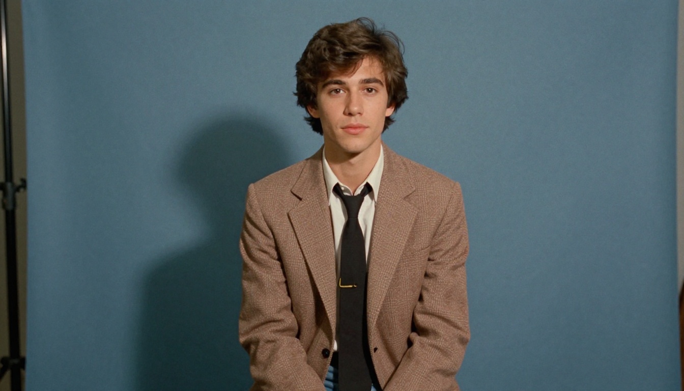 A young man in a pastel blazer posing in front of a mottled blue backdrop in a 1980s mall portrait studio