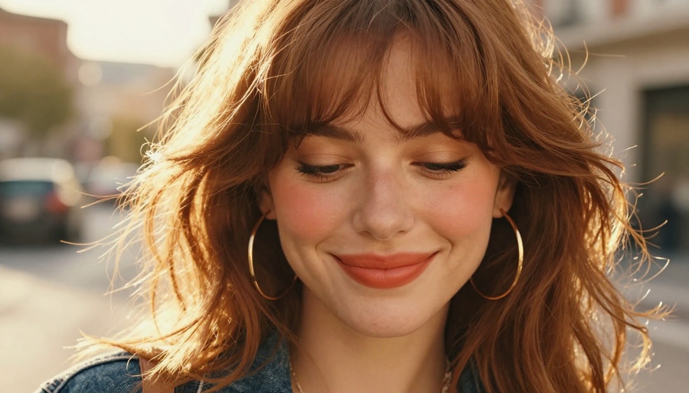 Close-up of a woman with permed chestnut hair and an acid-wash denim collar in warm sunlight