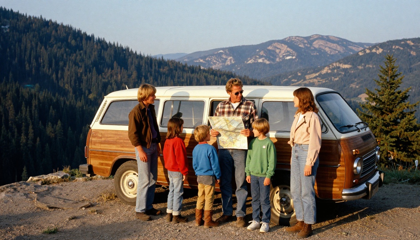Family of five beside a wood-paneled station wagon at a mountain overlook