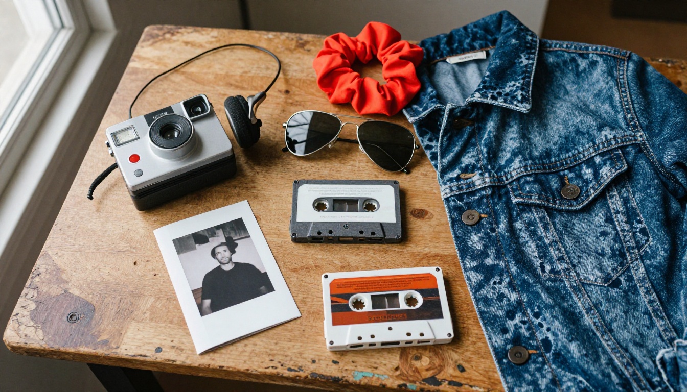 A top-down flat lay of 1980s objects including an instant camera, cassette tapes and aviator sunglasses