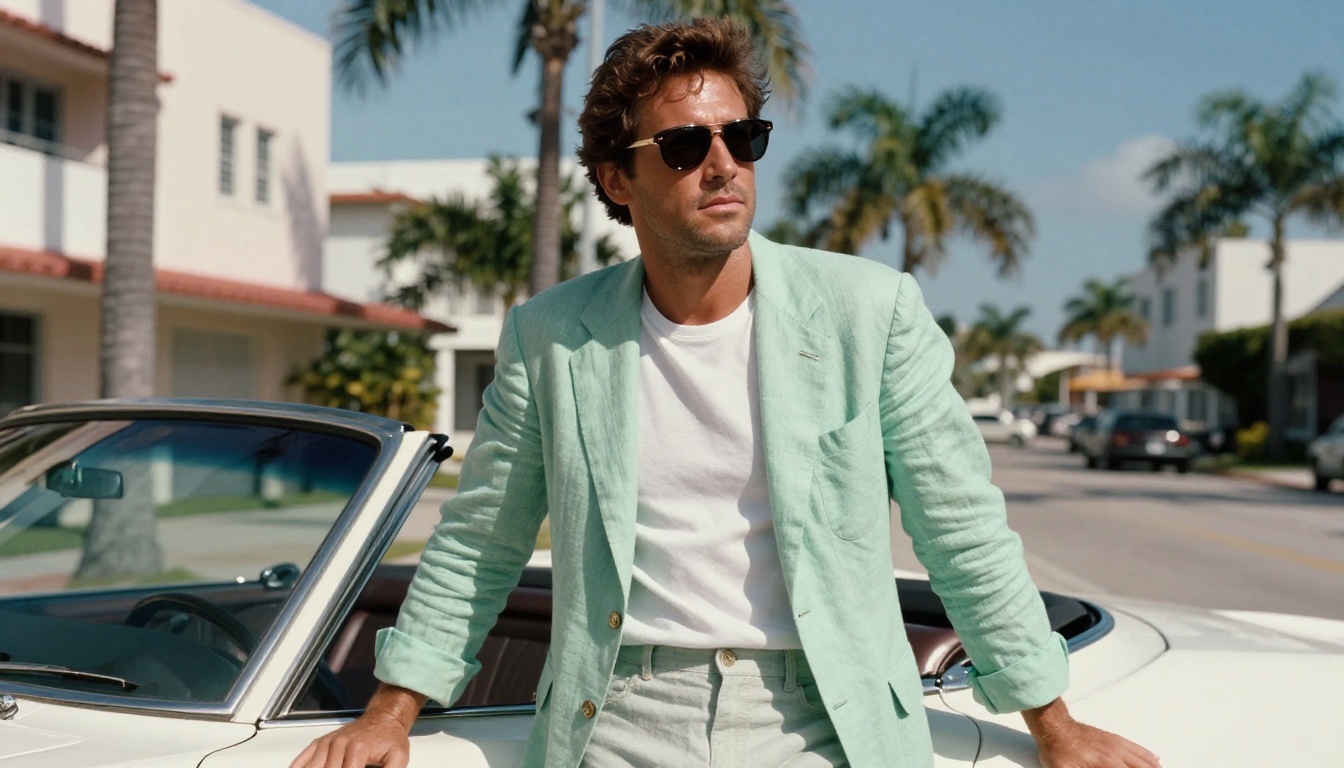 Man in a mint-green blazer leaning on a white convertible on a palm-lined street