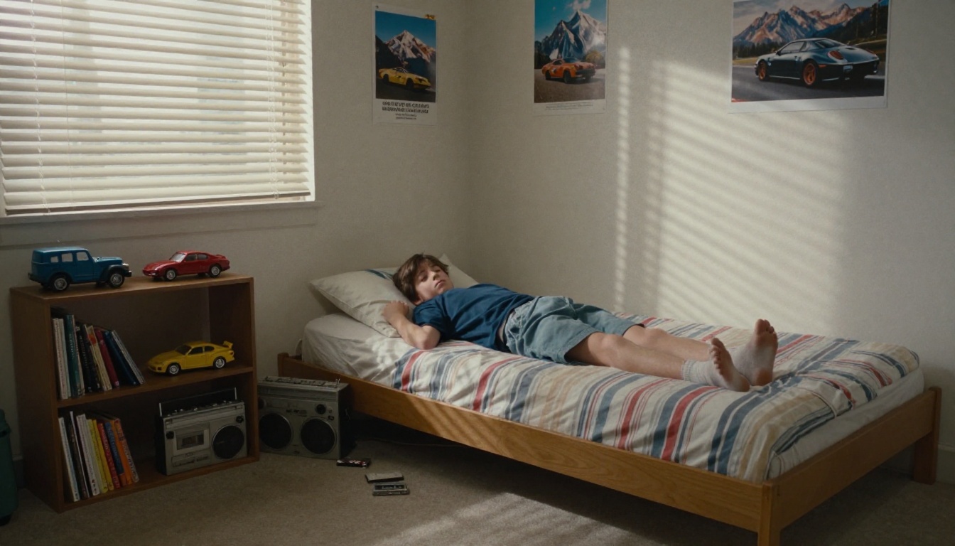A teenage boy lying on a bed in a 1980s bedroom with a boombox and cassette tapes