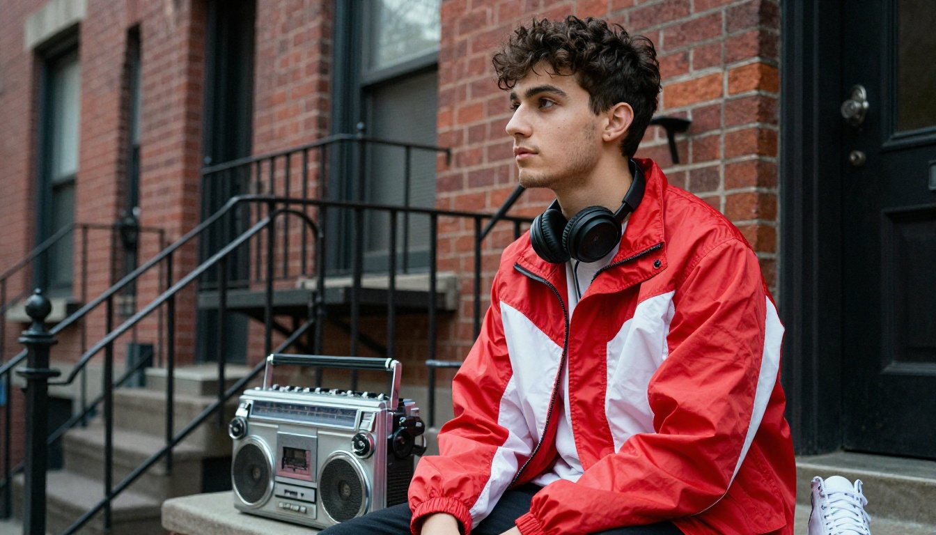 Man in a red and white windbreaker sitting on a brick stoop with a boombox