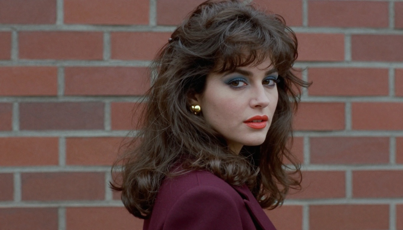 Portrait of a woman with big permed hair and a burgundy shoulder-padded blazer against a brick wall