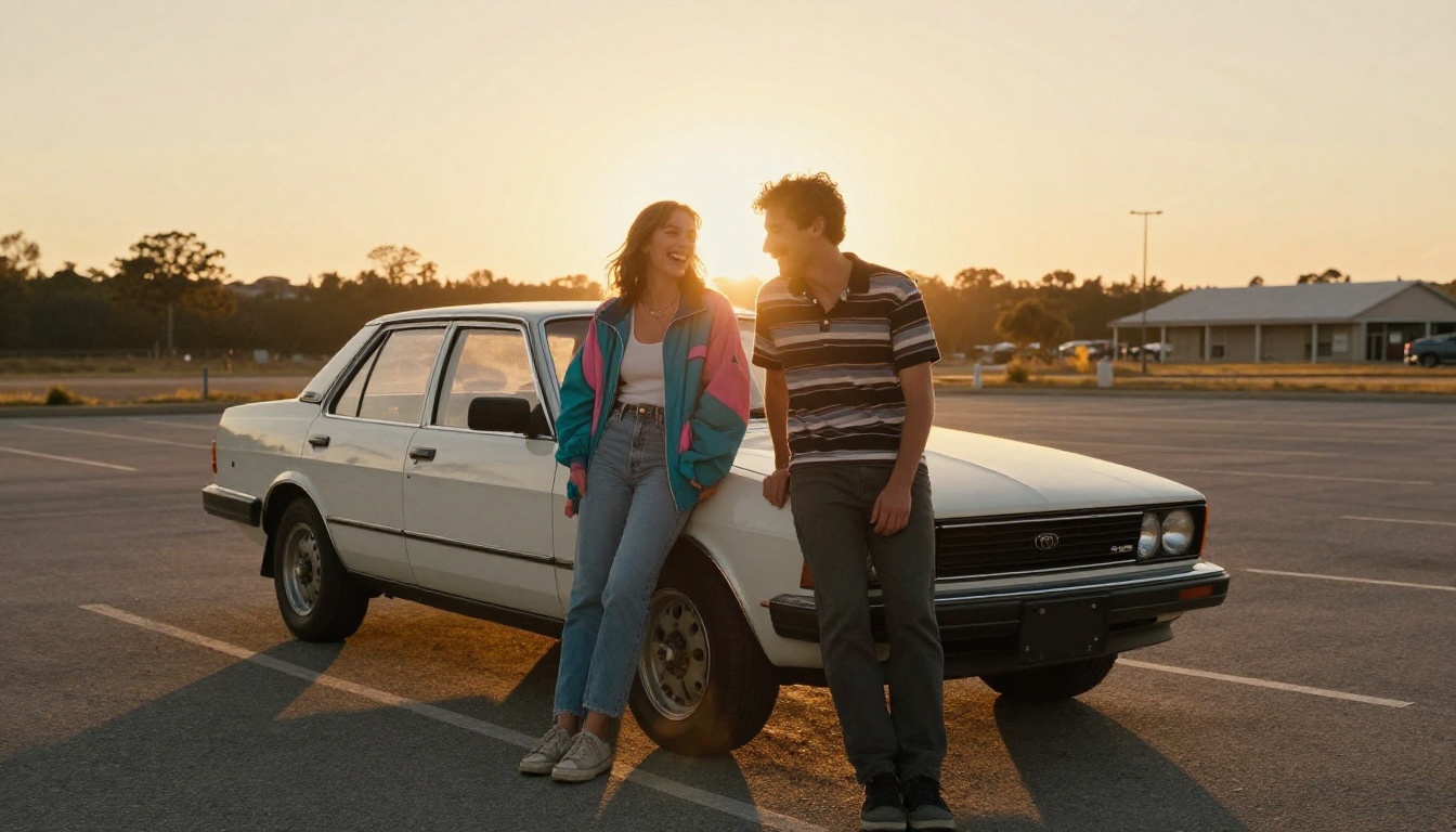 A laughing couple leaning against a boxy sedan at golden hour with warm film grain
