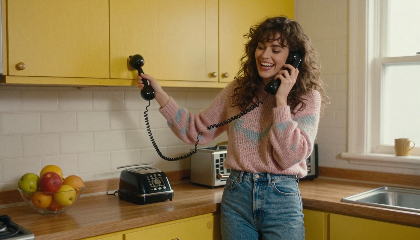 Woman laughing while twirling a rotary phone cord in a yellow 1980s kitchen