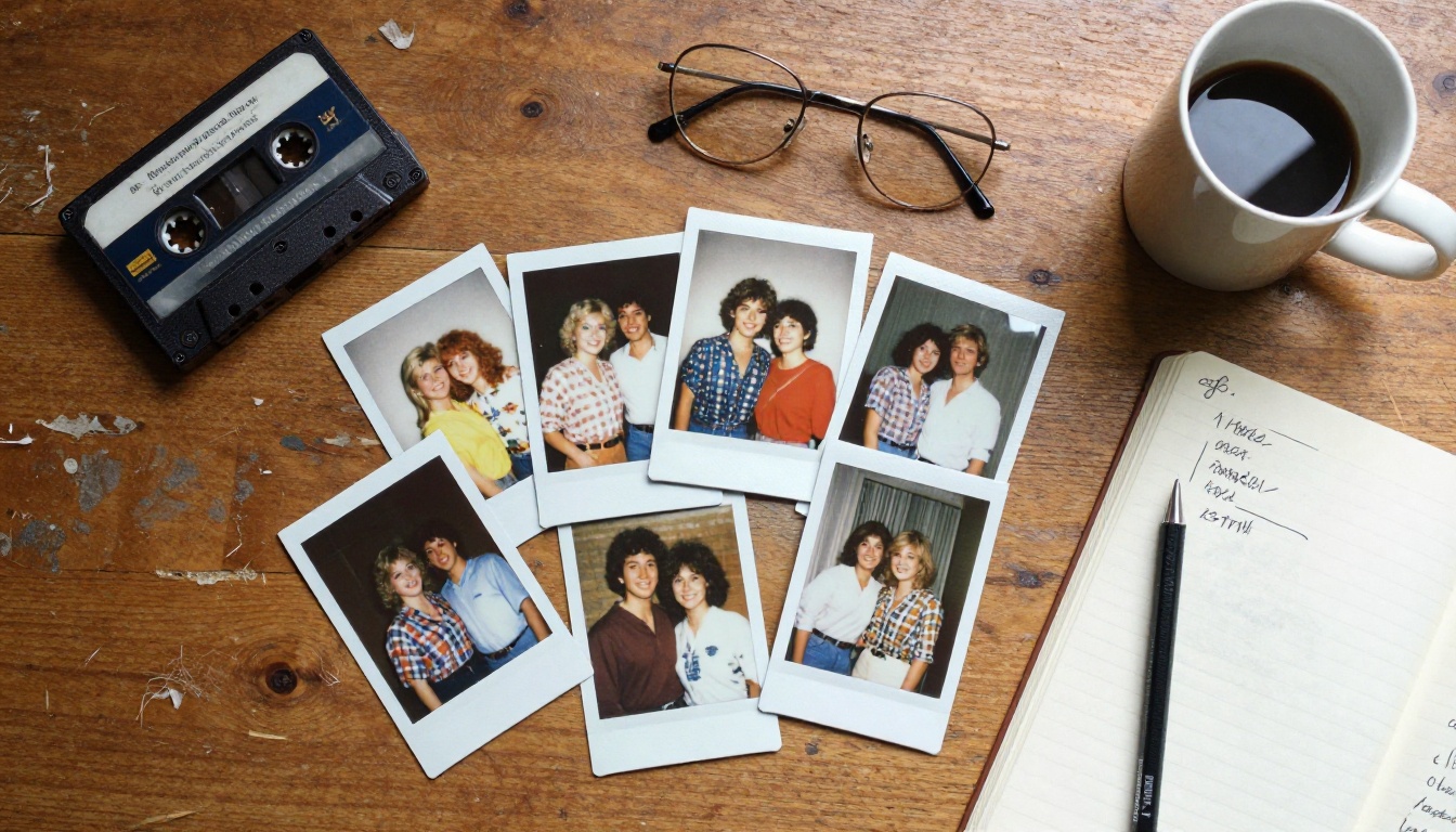 Flat lay of square instant photos, a cassette tape and a notebook on a worn wooden desk