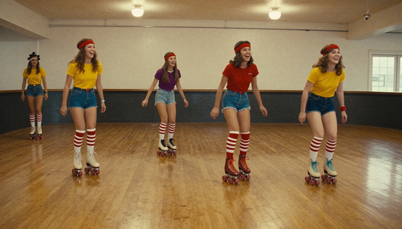 Four friends laughing on a wooden roller rink floor in 1980s outfits