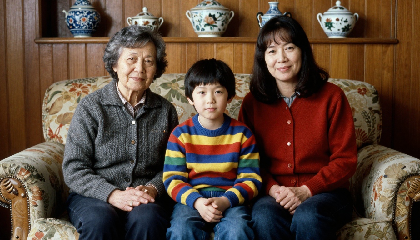 Three generations of a family on a floral sofa in front of wood-paneled walls