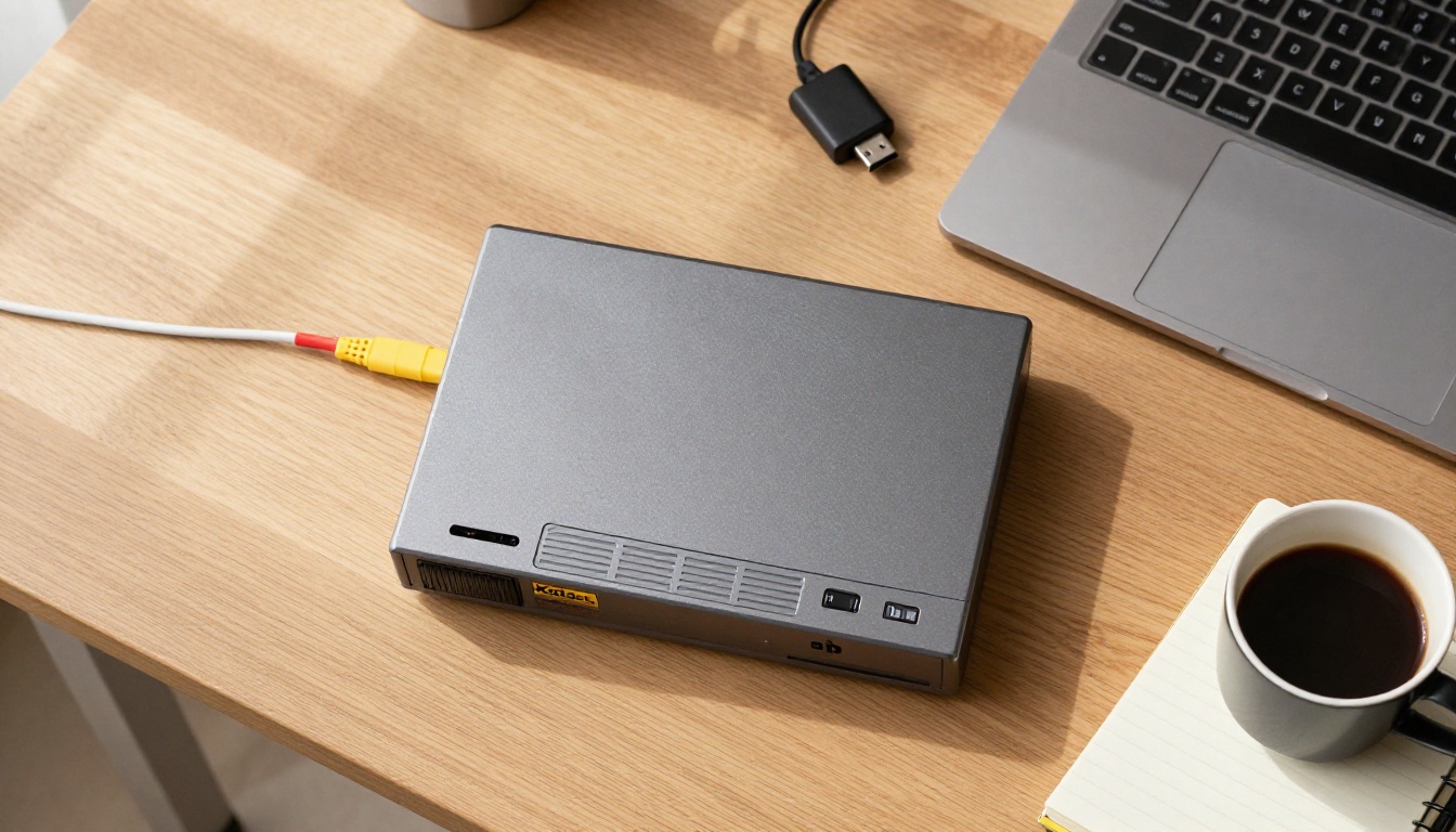 Overhead view of a wooden desk with a gray VCR, composite cables, a USB capture adapter, a laptop and a coffee cup