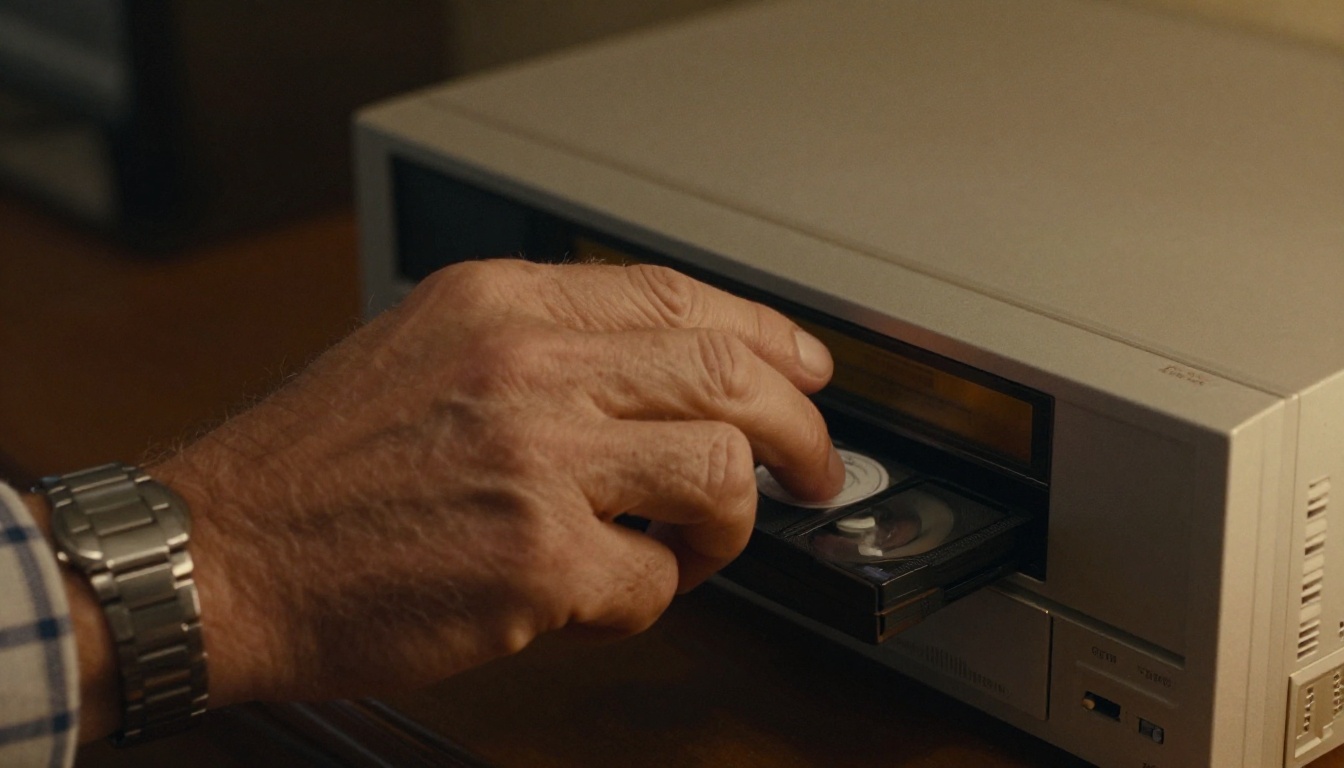 A man's hand sliding a VHS tape into the slot of an old VCR in warm lamp light