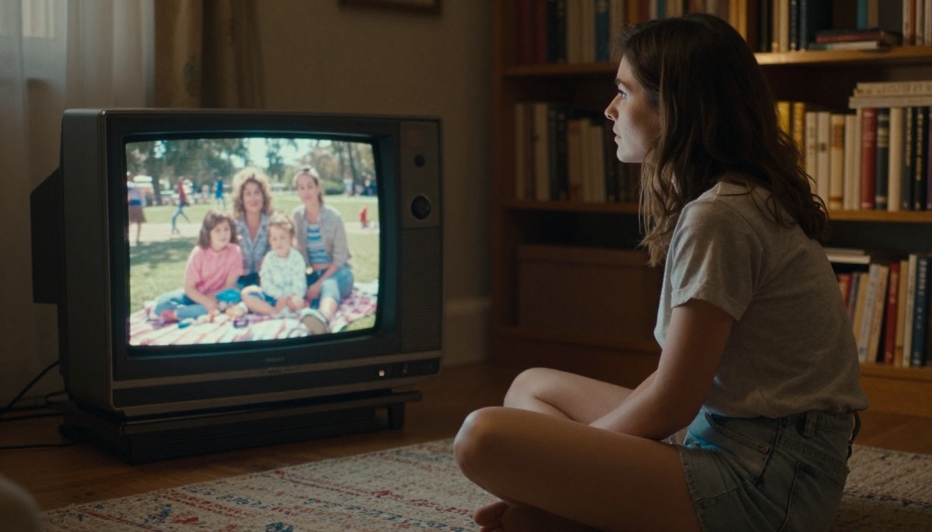 A woman sitting on a living room rug watching a blurry family picnic on an old curved CRT television