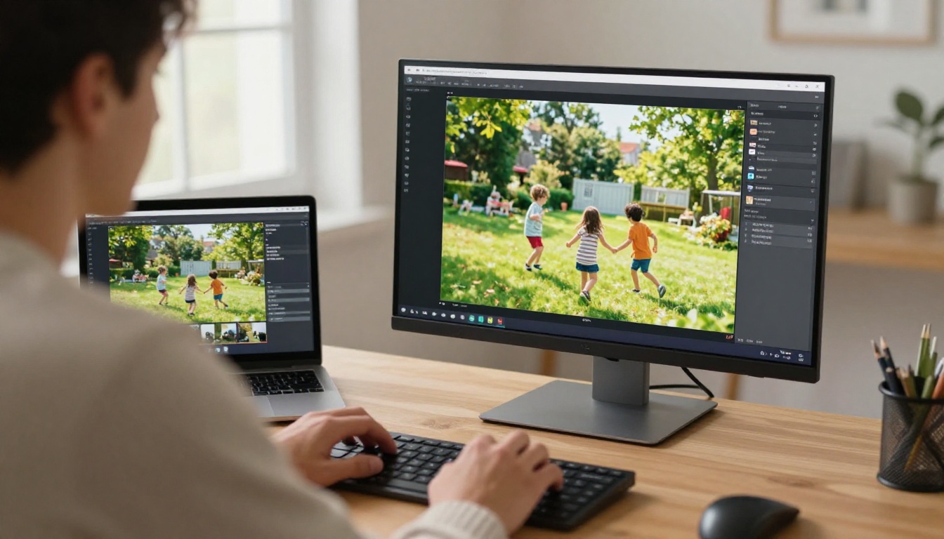 A young man at a desk reviewing a sharp restored home video of children in a garden on a large monitor