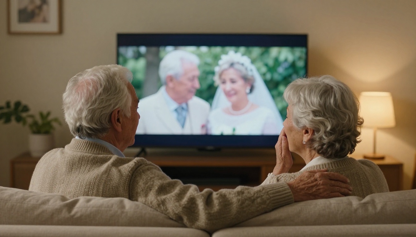 An elderly couple on a sofa smiling through tears while watching a restored video of their wedding day on a modern TV