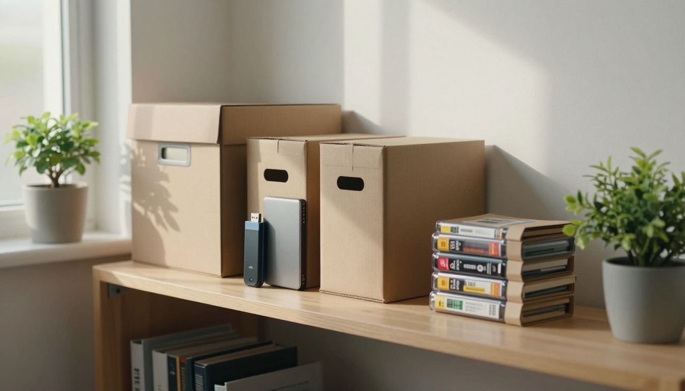 Home office shelf with labeled archive boxes, an external SSD, a USB drive and a stack of digitized tapes