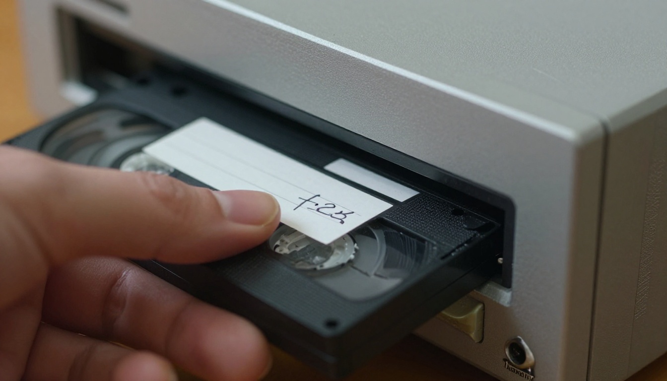 A thumb and finger sliding a labeled VHS cassette into a grey 1990s VCR