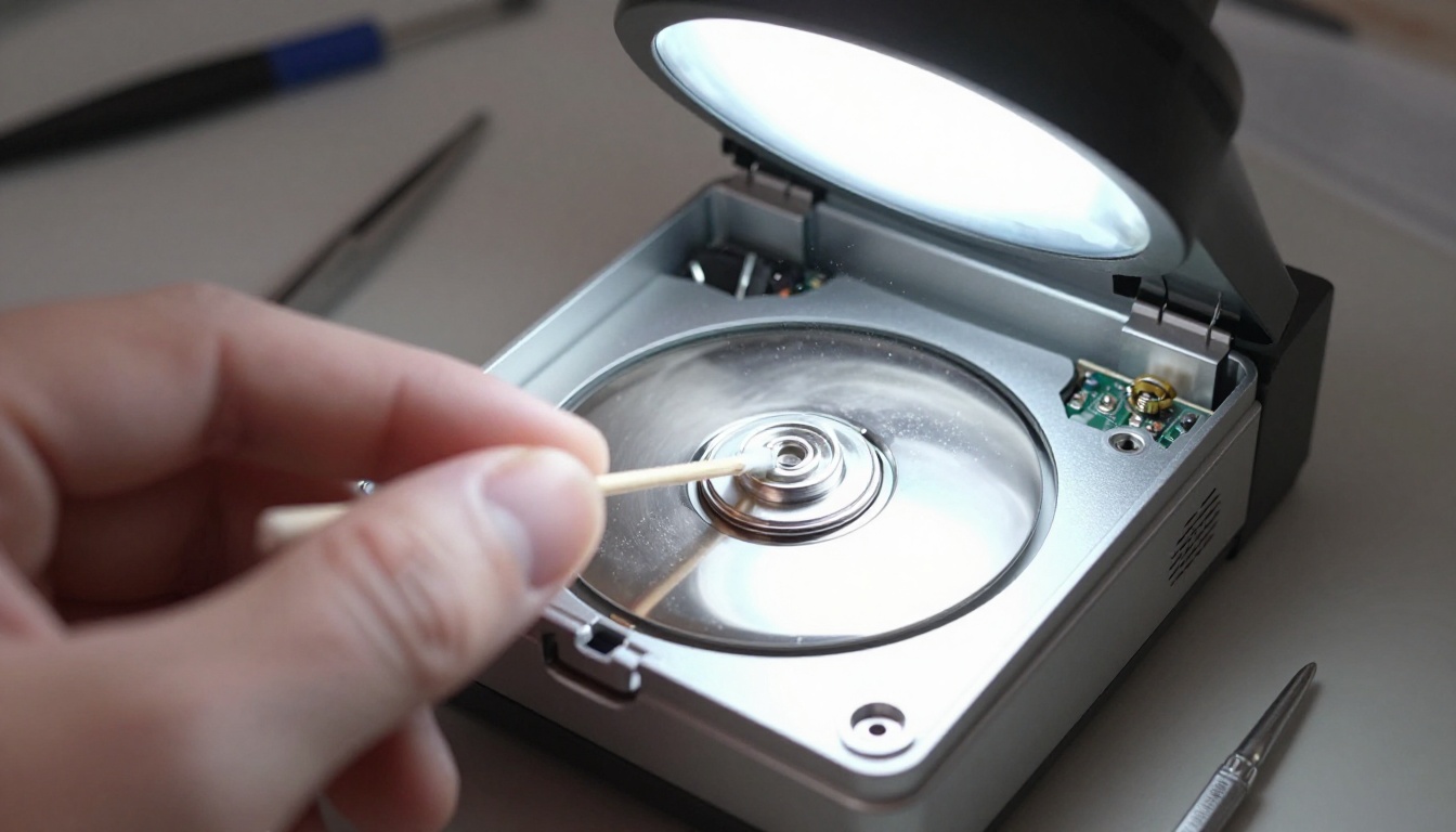 A hand cleaning the metal head drum inside an open VCR with a cotton swab