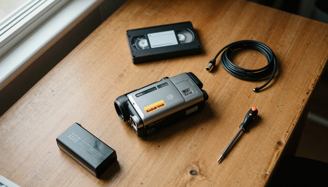 Overhead flat lay of a vintage camcorder, VHS tapes, a battery and a cable
