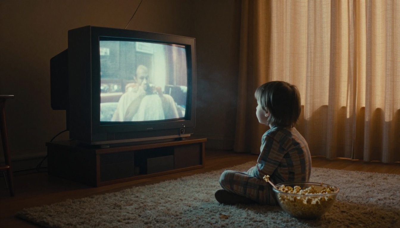 Small child in pajamas watching a CRT television in a dim living room