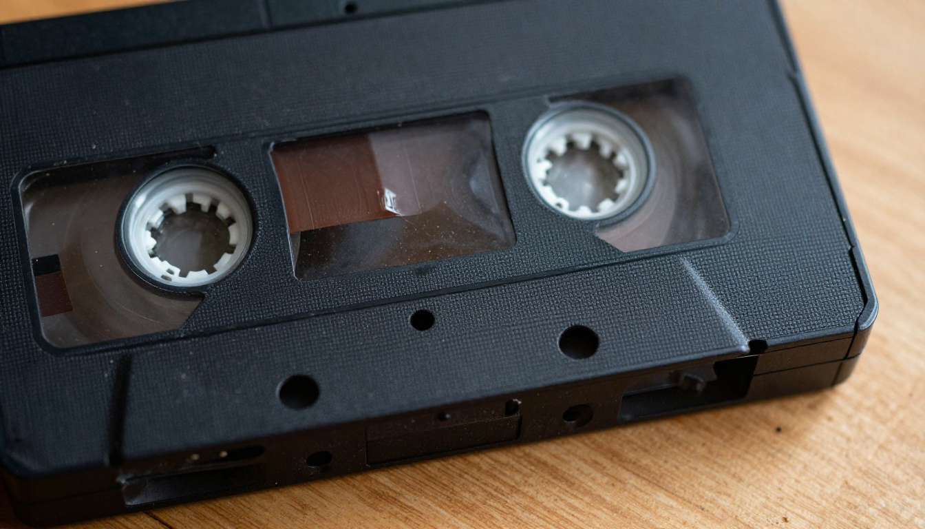 Extreme close-up of an open VHS cassette showing the brown magnetic tape, dust and fingerprints on the plastic shell