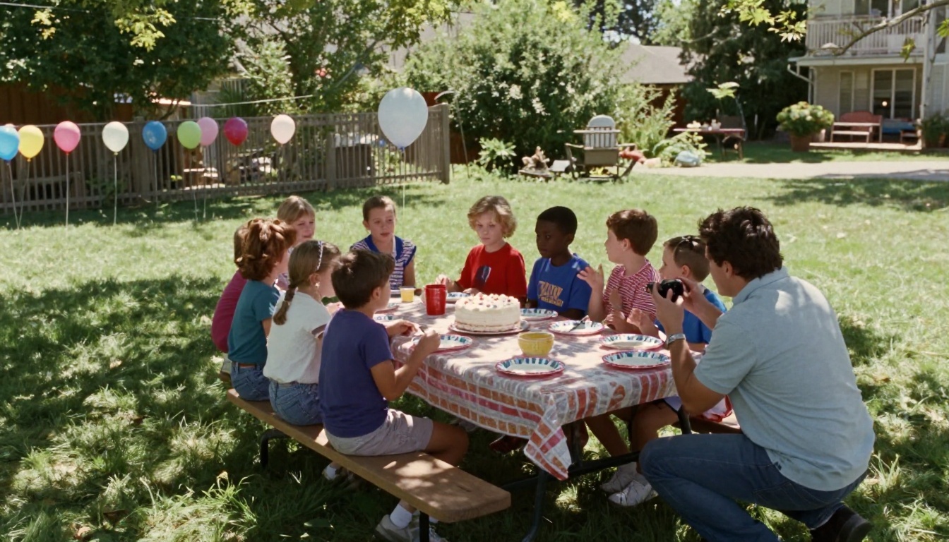 Children gathered around a frosted cake at a backyard birthday party in summer sun