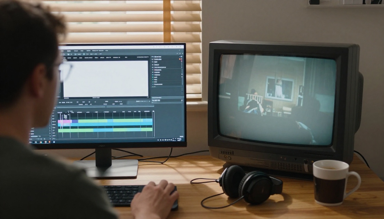 A video editor's desk with a modern monitor and a small CRT television side by side