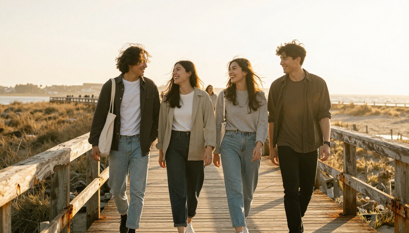 Four friends walking along a seaside boardwalk at golden hour