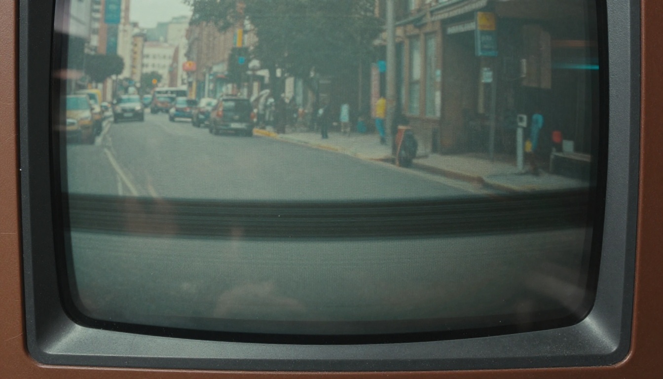 Macro close-up of a CRT screen with rolling horizontal tracking distortion