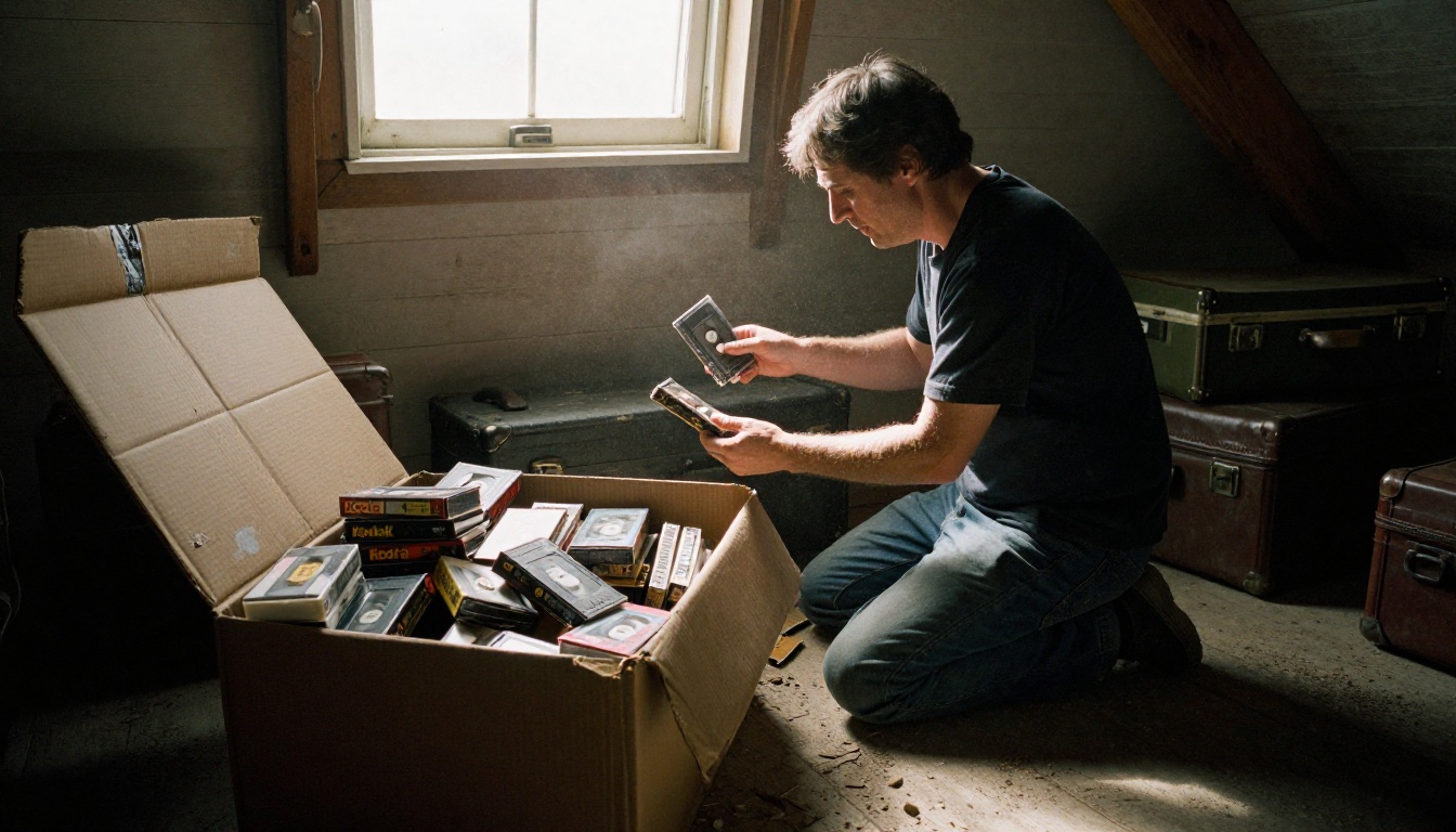 A man kneeling beside a cardboard box full of VHS tapes in a dusty attic