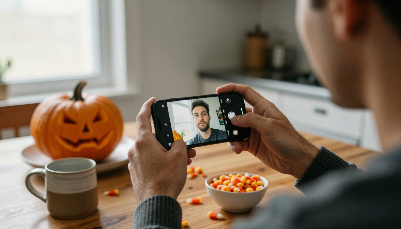 Man holding a smartphone that shows his own portrait, seated at a kitchen table with a carved pumpkin and candy corn