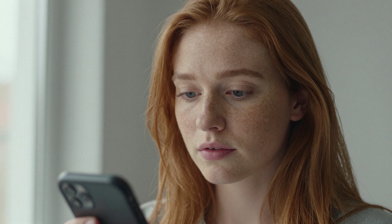 Close-up of a young woman with auburn hair holding a phone near a window, soft daylight on her face