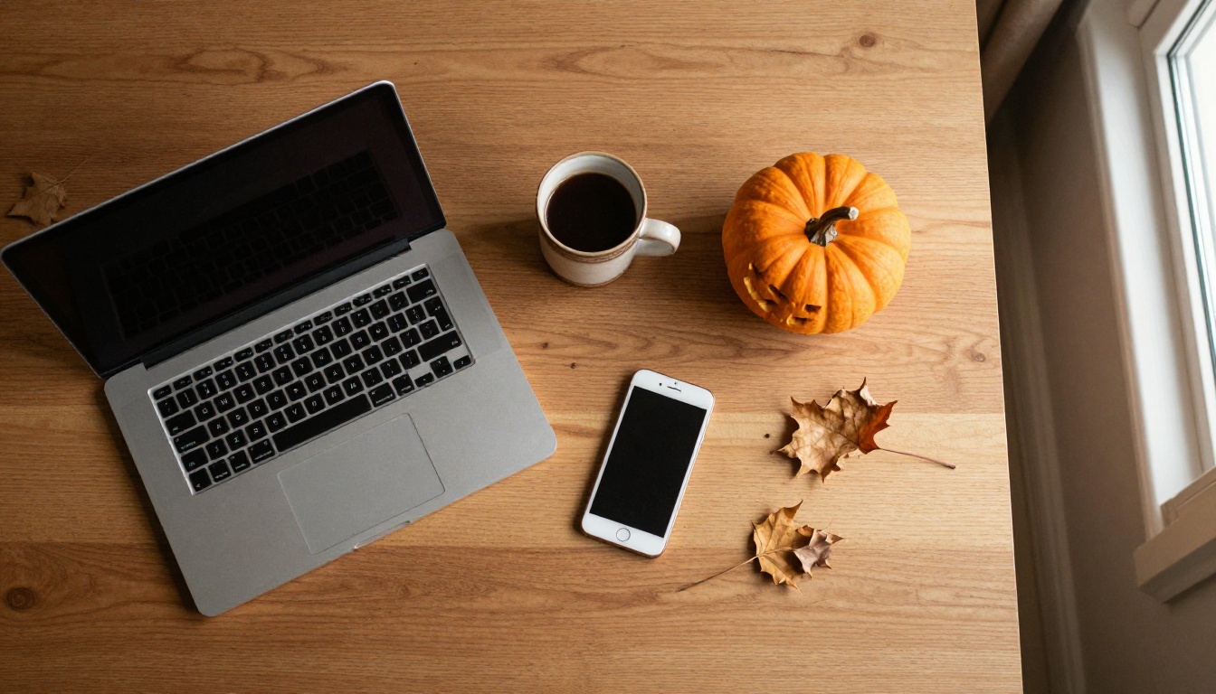 Top-down view of a wooden desk with a laptop, a smartphone, a coffee mug and a small pumpkin
