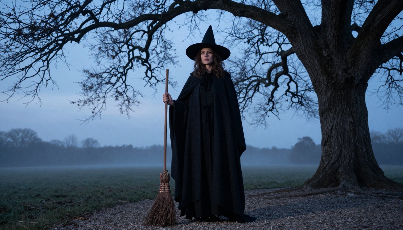 Low-angle photo of a woman in a witch hat and dark wool cloak on a gravel path under an oak tree at dusk