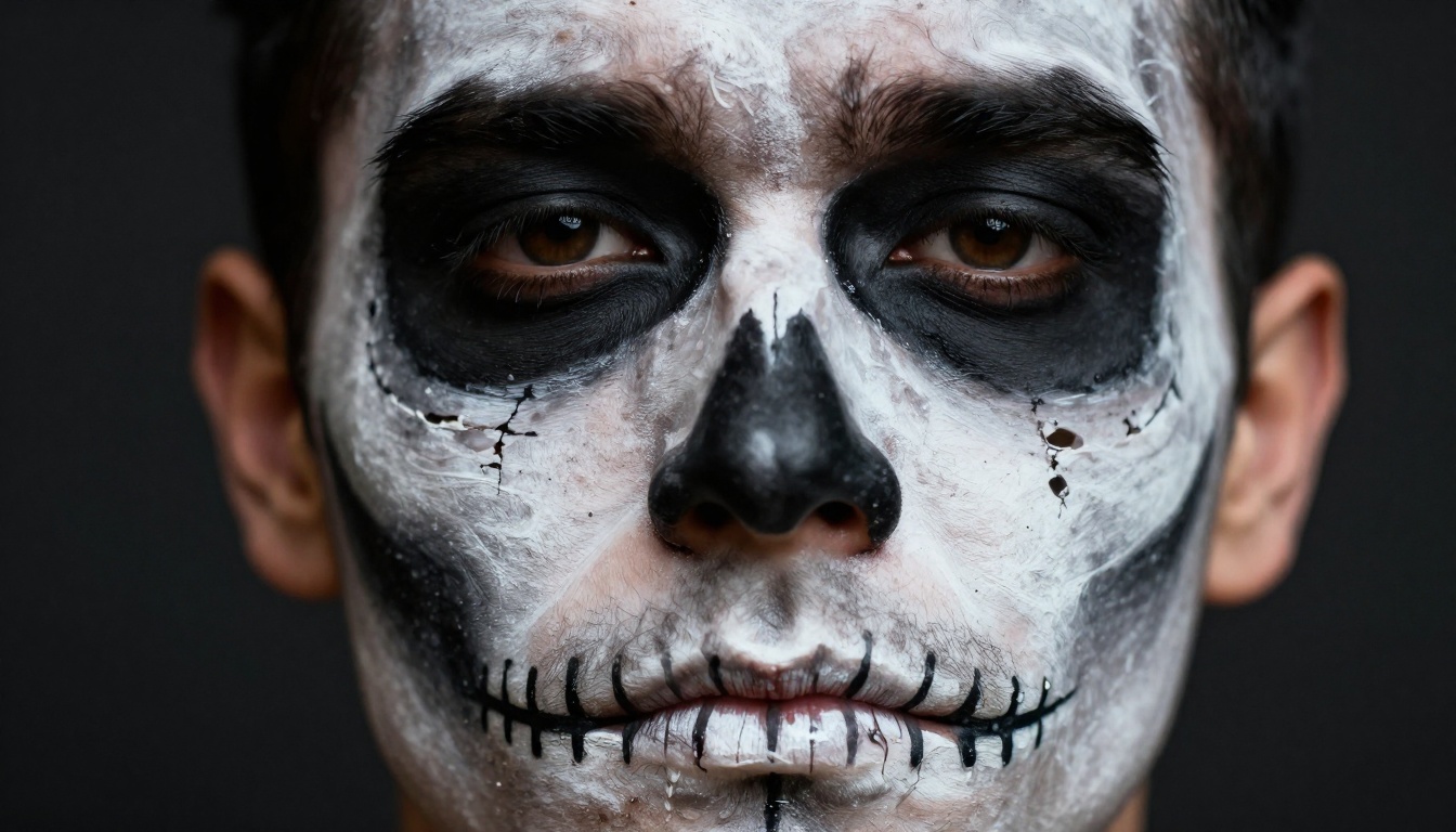 Extreme close-up of a man's face painted as a skeleton with matte black and white paint