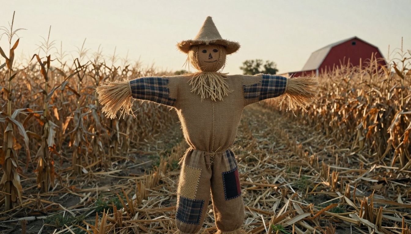 Wide shot of a man in a burlap scarecrow costume standing in a harvested cornfield at golden hour