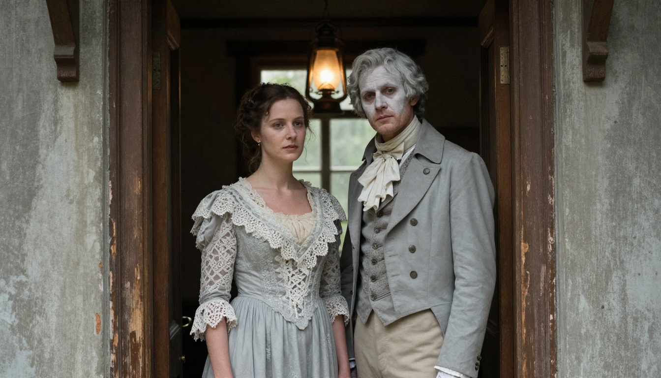 Medium shot of a couple in pale grey Victorian ghost outfits standing in an old wooden doorway