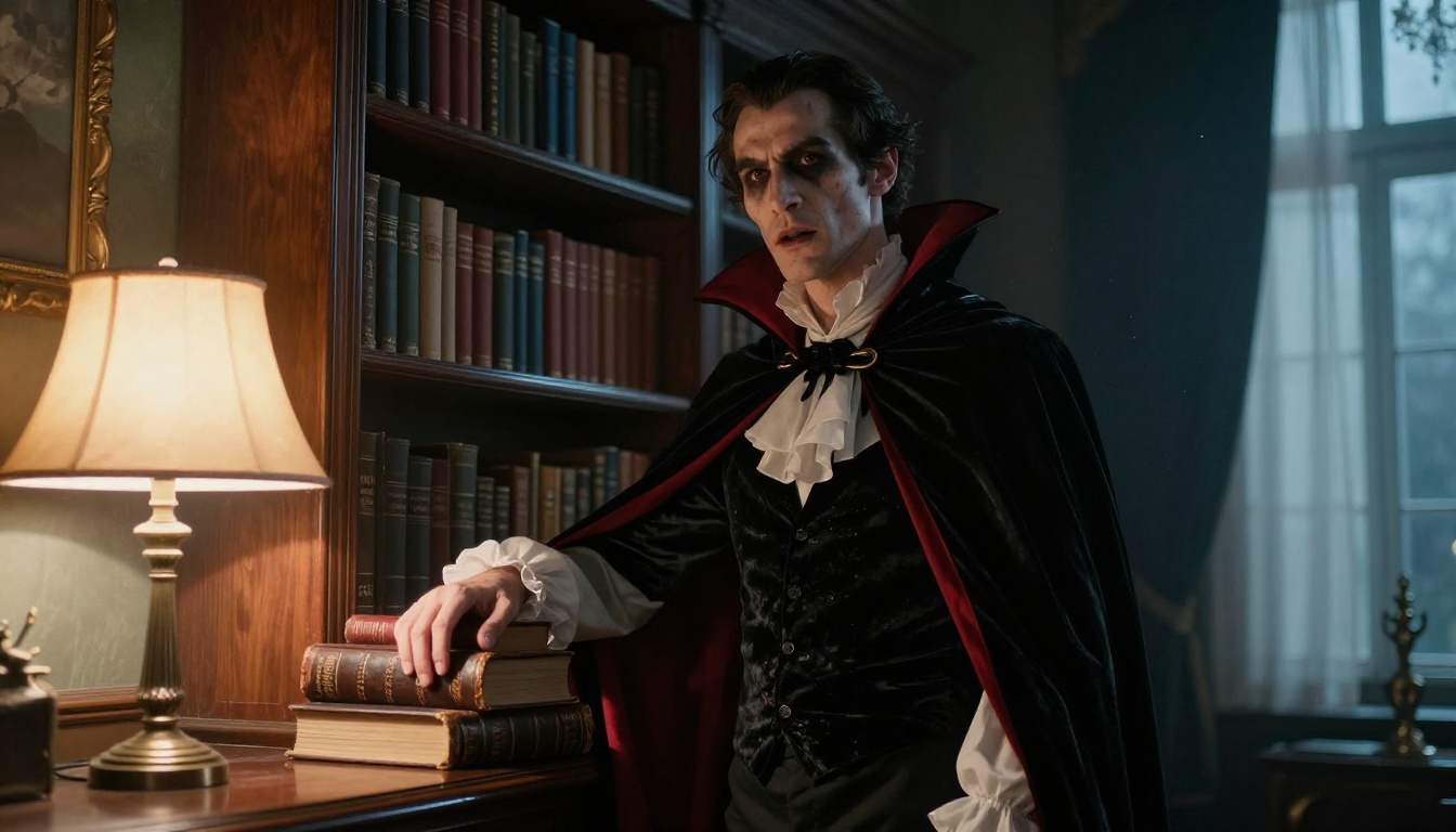 Man dressed as a vampire count in a dim private library with a black velvet cape