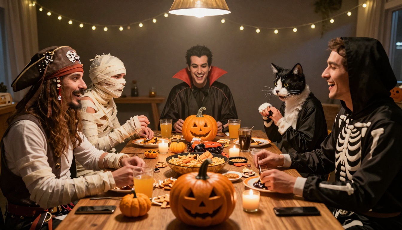 High-angle wide shot of five friends in mixed Halloween costumes laughing around a table with pumpkins and snacks