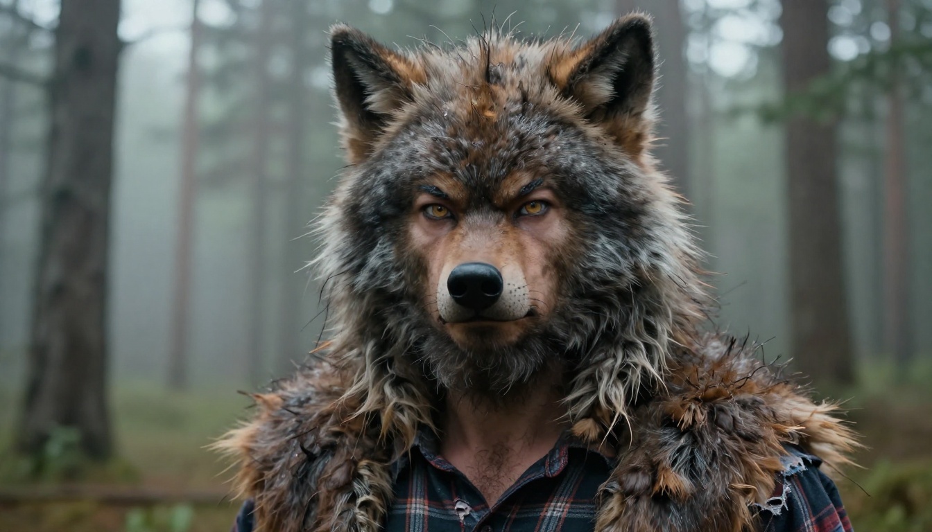 Bearded man in a realistic werewolf costume standing in a misty pine forest at dusk